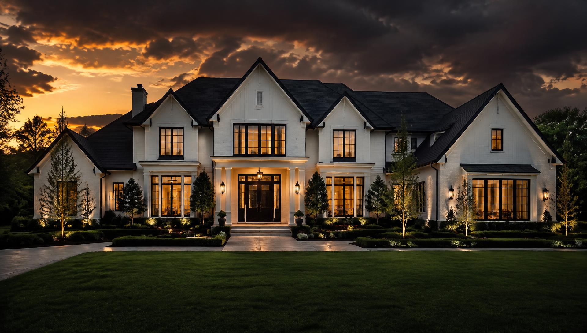Luxury estate home at dusk with a pristine exterior