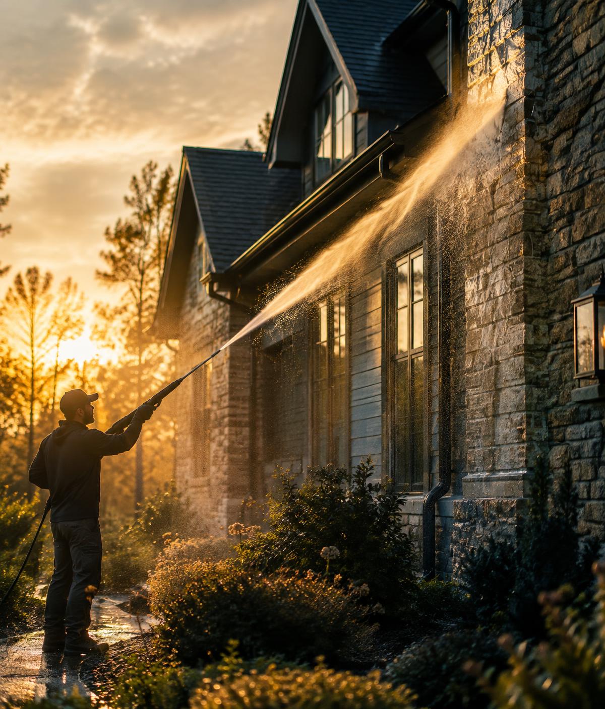 Technician soft washing a stone home at golden hour
